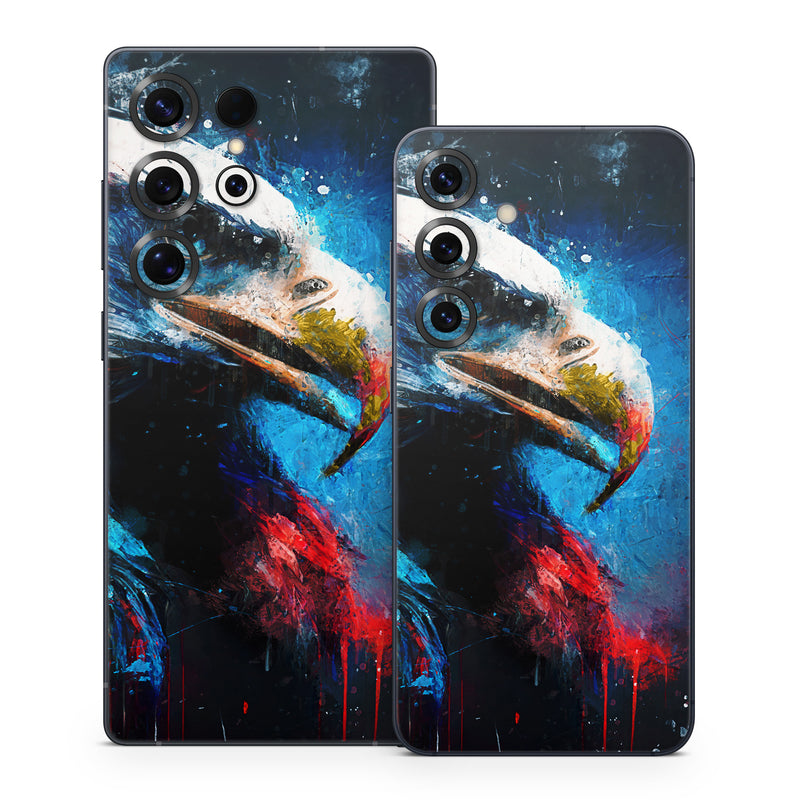 Samsung Galaxy S25 Series Skin design of Bird, Beak, Organism, Art, Feather, Paint, Painting, Accipitridae, Bird of prey, Electric blue, with blue, red, white, black, gray, yellow colors