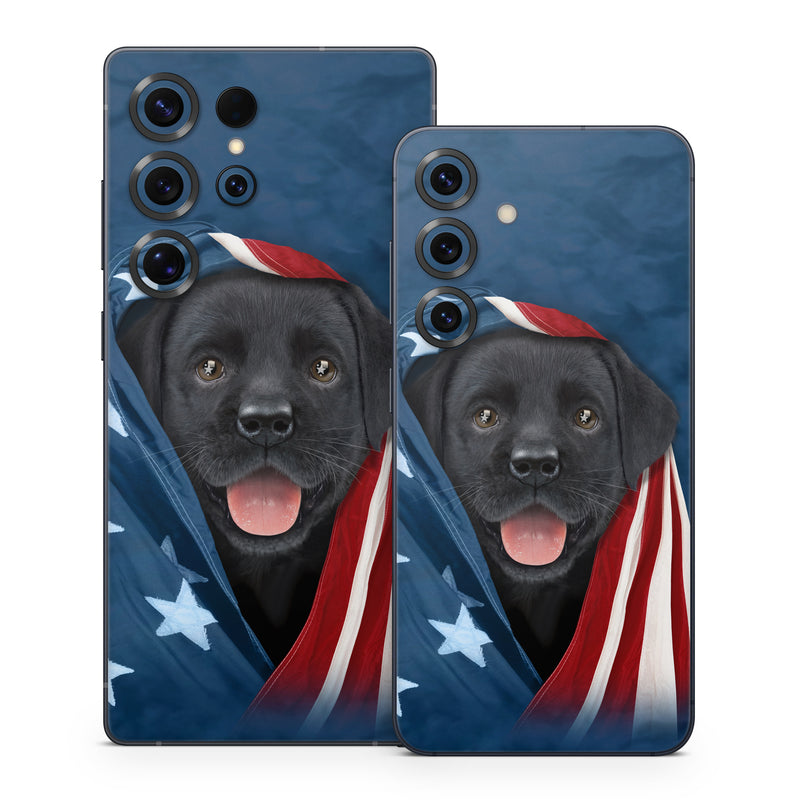Samsung Galaxy S25 Series Skin design of Canidae, Dog, Dog breed, Flag, Snout, Carnivore, Sporting Group, Labrador retriever, Flag of the united states, Puppy, with black, gray, white, blue, red colors
