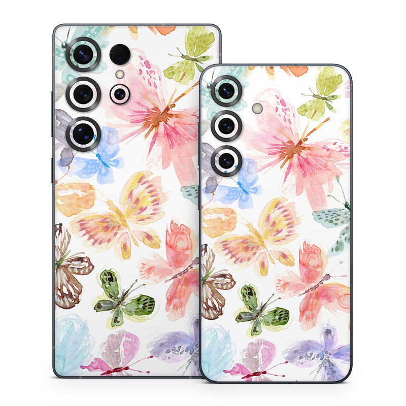 Samsung Galaxy S25 Series Skin design of Pollinator, Butterfly, Insect, Arthropod, Lepidoptera, Pink, Creative arts, Watercolor painting, Paint, Pieridae, with white, blue, pink, red, green, brown, purple, orange colors