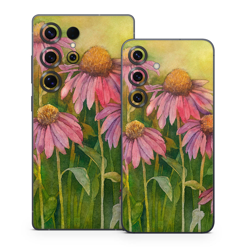 Samsung Galaxy S25 Series Skin design of Flowering plant, Purple coneflower, Coneflower, Flower, Plant, Watercolor paint, Wildflower, black-eyed susan, Petal, Daisy family, with black, green, red, gray, purple colors