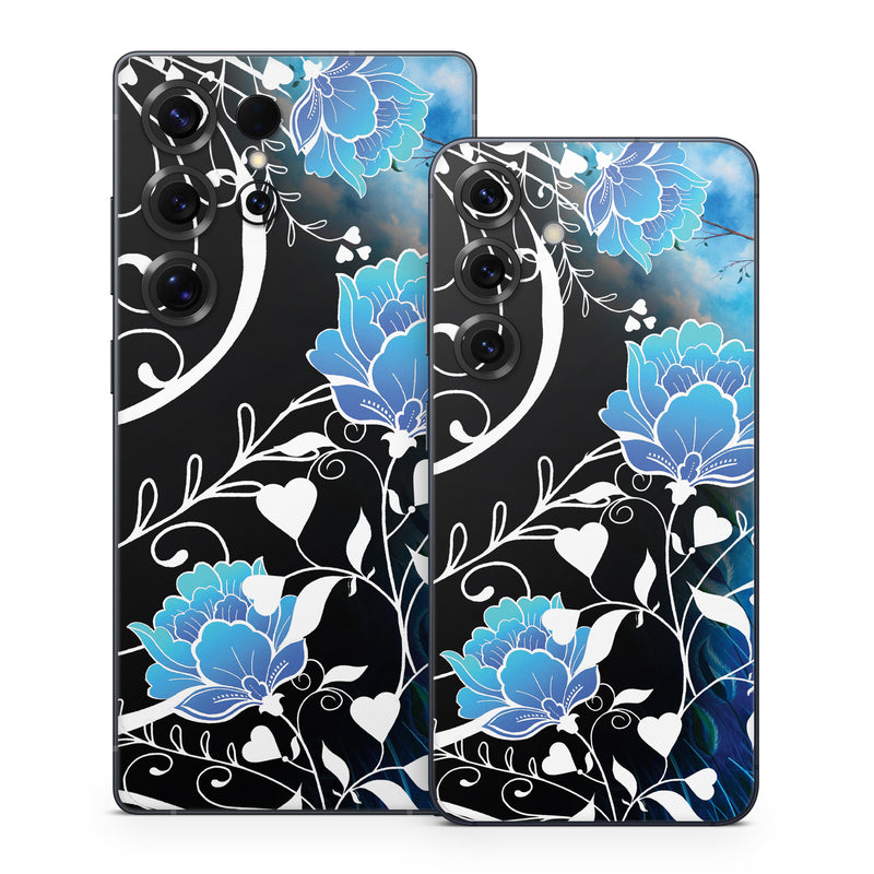 Samsung Galaxy S25 Series Skin design of Blue, Pattern, Graphic design, Design, Illustration, Organism, Visual arts, Graphics, Plant, Art, with black, blue, gray, white colors