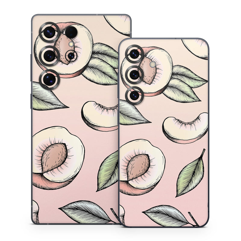 Samsung Galaxy S25 Series Skin design of Pattern, Leaf, Botany, Organism, Design, Plant, Illustration, Clip art, with pink, green, yellow, orange colors