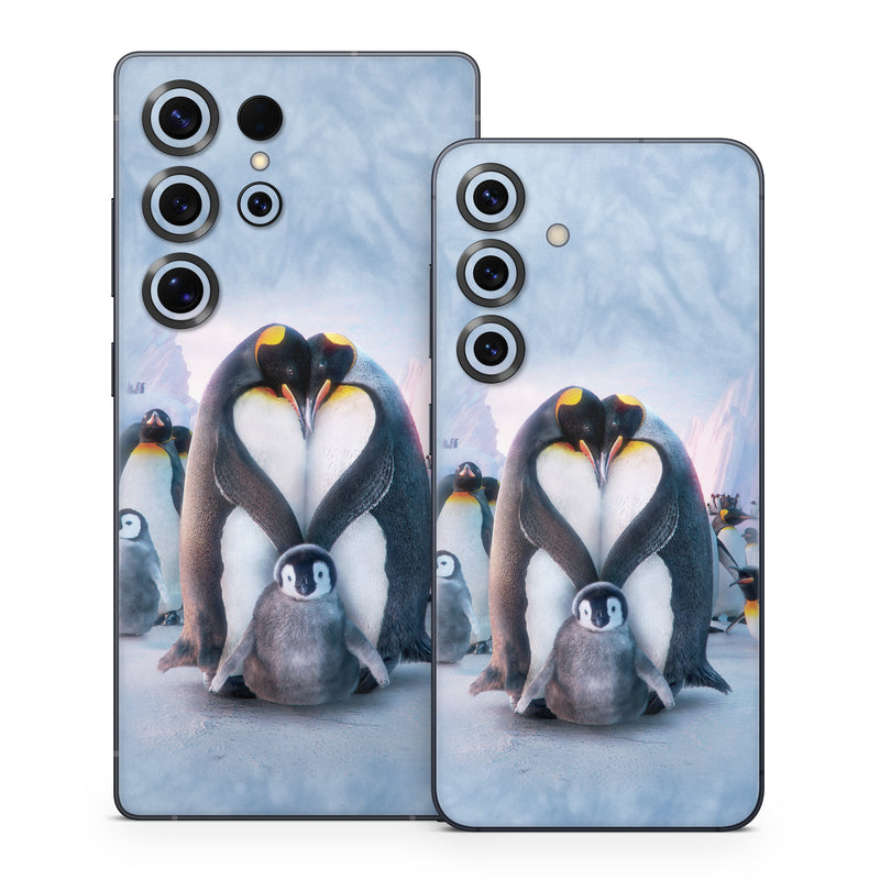 Samsung Galaxy S25 Series Skin design of Bird, Vertebrate, Flightless bird, Penguin, Gentoo penguin, Emperor penguin, King penguin, Beak, Wildlife, Arctic, with gray, black, blue, purple colors