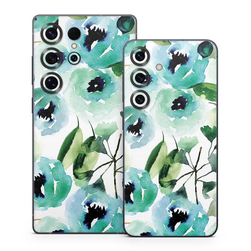 Samsung Galaxy S25 Series Skin design of Green, Pattern, Leaf, Aqua, Plant, Design, Branch, Organism, Flower, Ivy, with white, green, blue, black colors