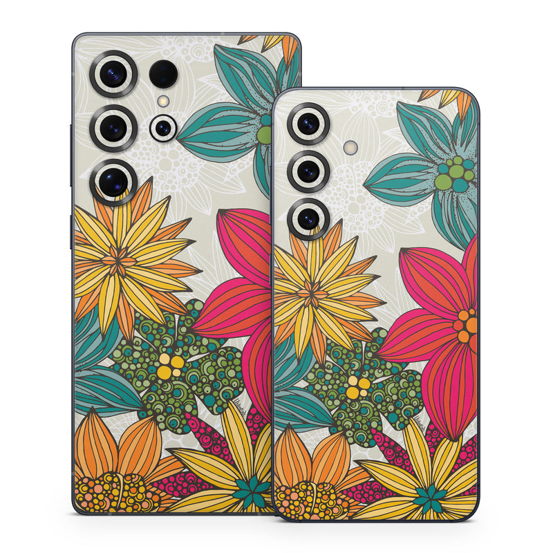 Samsung Galaxy S25 Series Skin design of Floral design, Pattern, Flower, Wildflower, Plant, Botany, Leaf, Design, Textile, Visual arts, with blue, yellow, red, green, orange, gray colors