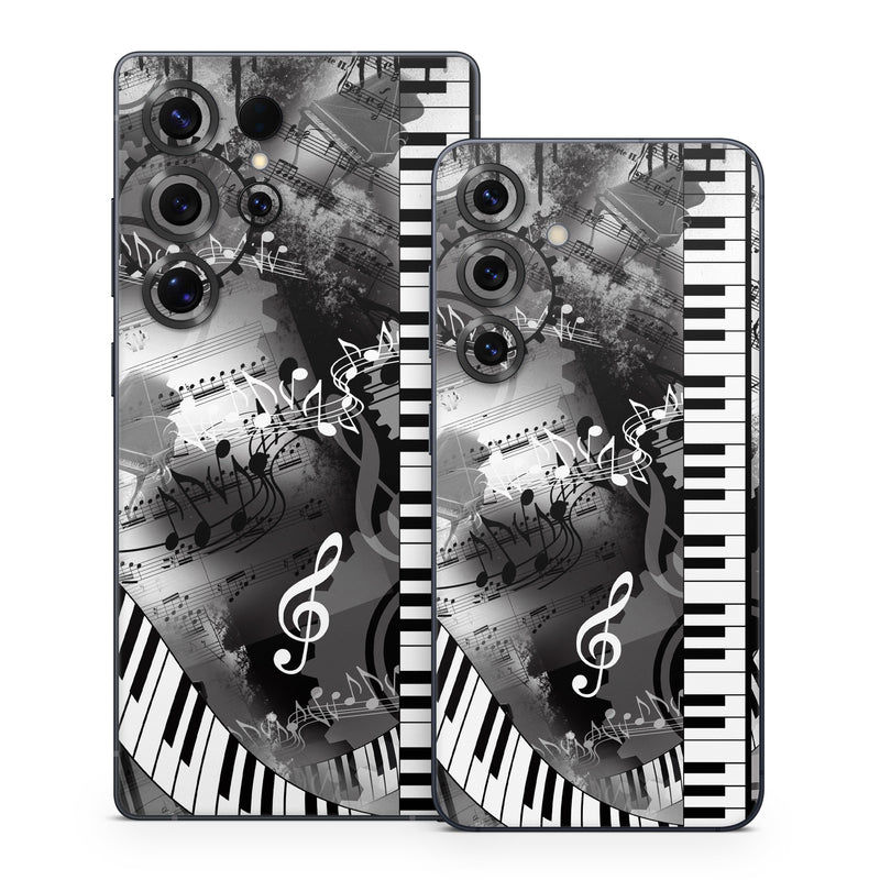 Samsung Galaxy S25 Series Skin design of Music, Monochrome, Black-and-white, Illustration, Graphic design, Musical instrument, Technology, Musical keyboard, Piano, Electronic instrument, with black, gray, white colors