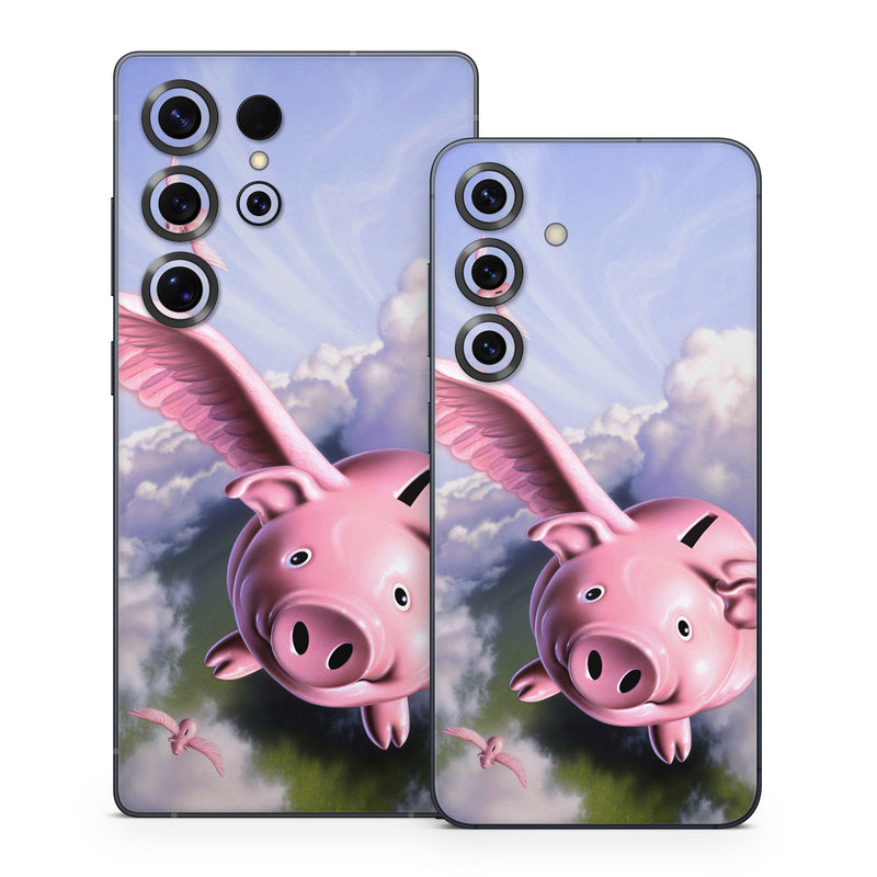 Samsung Galaxy S25 Series Skin design of Cloud, Sky, Happy, Pink, Bird, Art, Wing, Snout, Wind, Fictional character, with pink, white, blue, gray, green colors