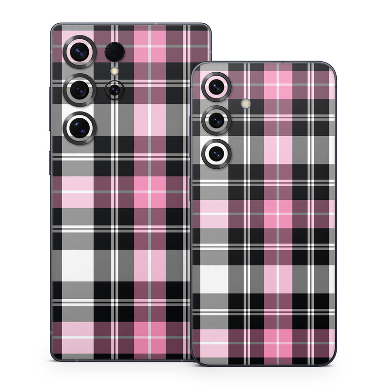 Samsung Galaxy S25 Series Skin design of Plaid, Tartan, Pattern, Pink, Purple, Violet, Line, Textile, Magenta, Design, with black, gray, pink, red, white, purple colors