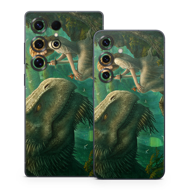 Samsung Galaxy S25 Series Skin design of Dinosaur, Cg artwork, Mythology, Fictional character, Troodon, Extinction, Velociraptor, Illustration, Animated cartoon, Tyrannosaurus, with black, green, gray, red colors