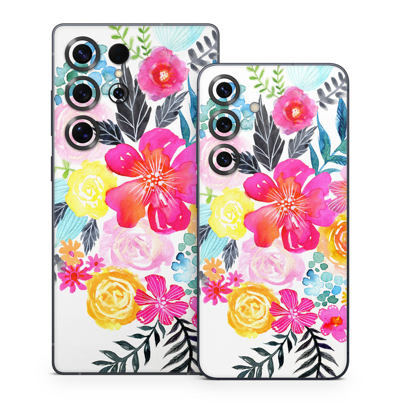 Samsung Galaxy S25 Series Skin design of Flower, Clip art, Bouquet, Plant, Illustration, Floral design, Pink, Petal, Botany, Design, with white, pink, orange, red, yellow, blue, black, green colors