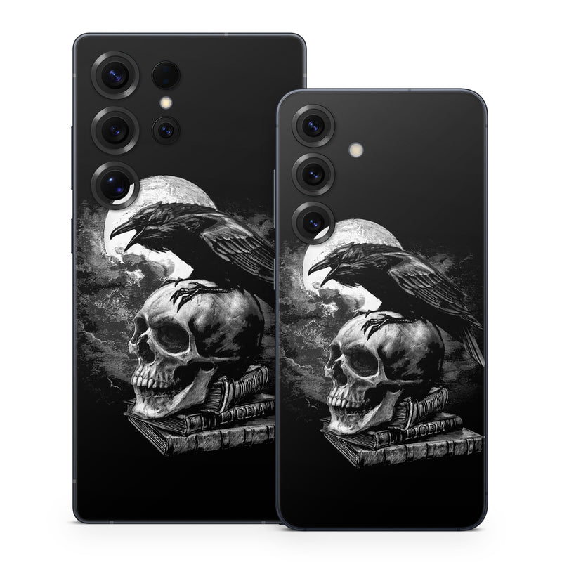 Samsung Galaxy S25 Series Skin design of Bone, Skull, Bird, Darkness, Monochrome, Wing, Black-and-white, Illustration, Beak, Fictional Character, Drawing, Symbol, with black, white, gray colors