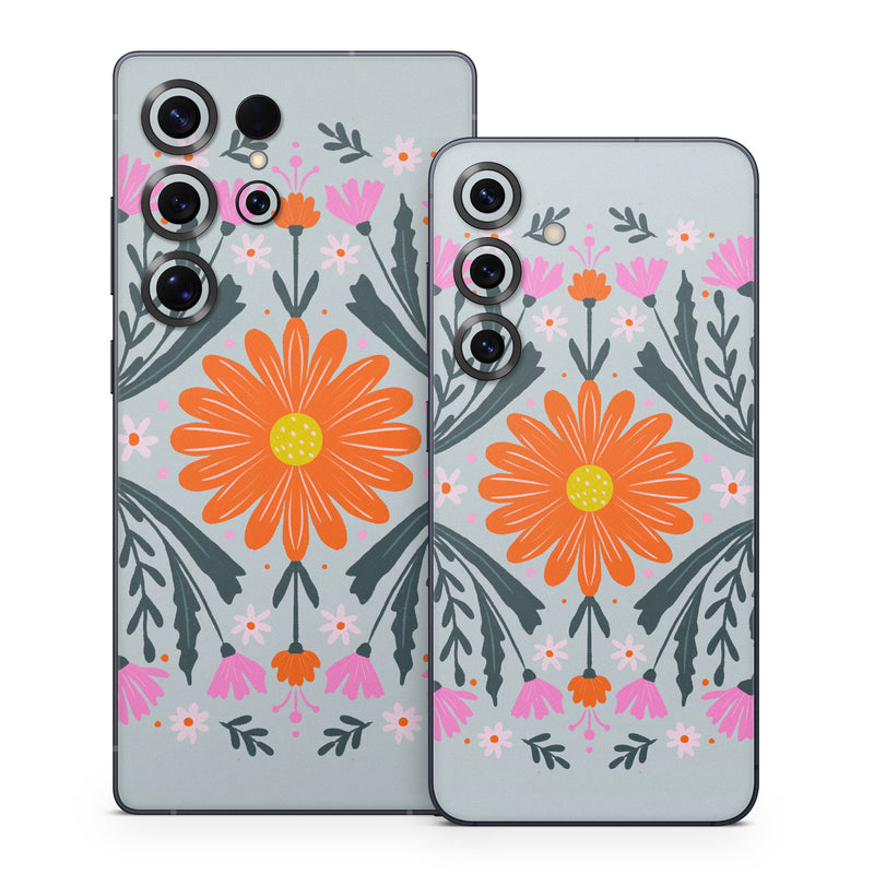 Samsung Galaxy S25 Series Skin design of Petal, Gesture, Font, Flower, Pattern, Art, Creative arts, Floral design, Illustration, Flowering plant, with pink, orange, green, white colors