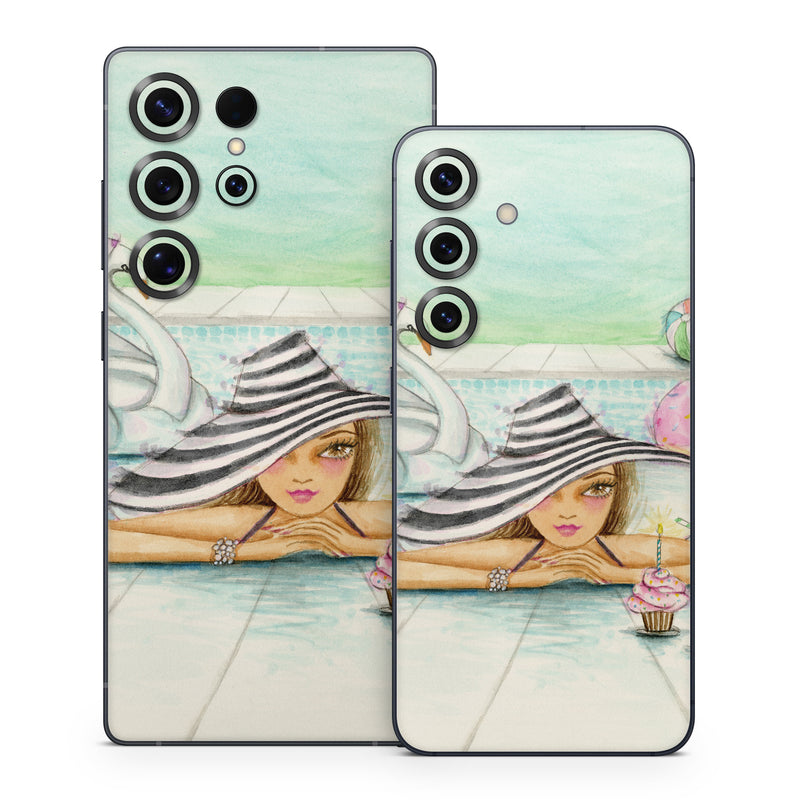 Samsung Galaxy S25 Series Skin design of Watercolor paint, Illustration, Cartoon, Art, Painting, Drawing, Fictional character, with blue, pink, white, black, brown, red, green, yellow colors