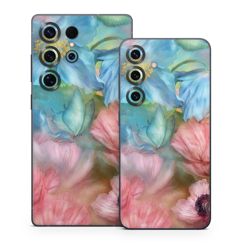 Samsung Galaxy S25 Series Skin design of Flower, Petal, Watercolor paint, Painting, Plant, Flowering plant, Pink, Botany, Wildflower, Still life, with gray, blue, black, red, green colors
