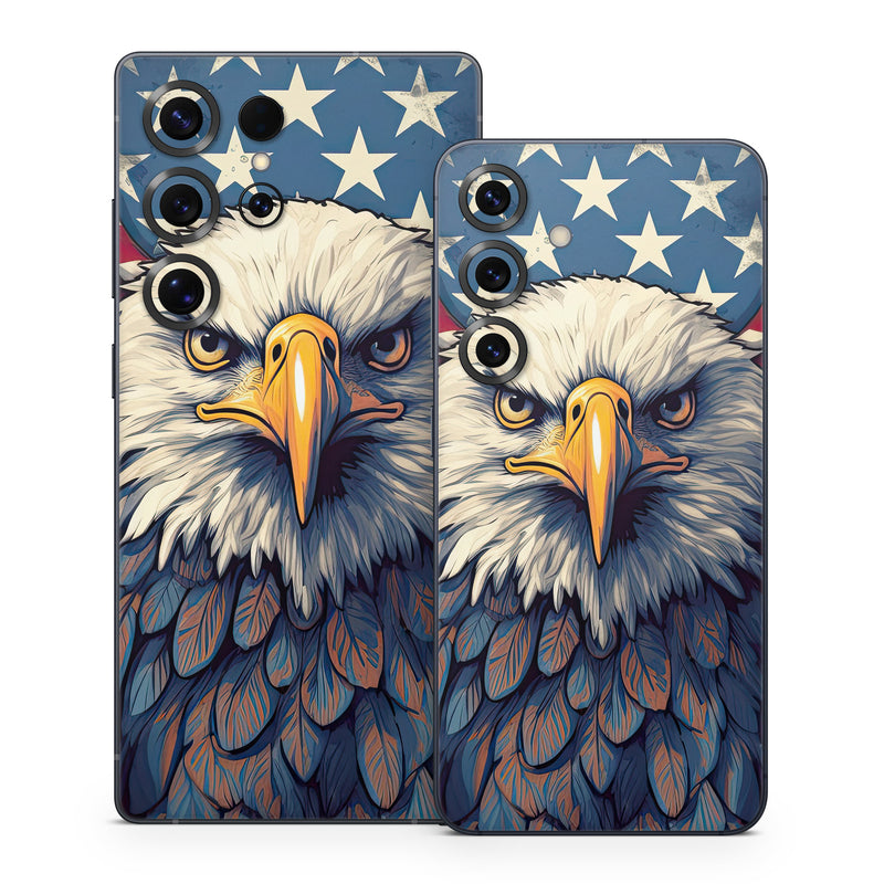 Samsung Galaxy S25 Series Skin design of Bird, Accipitridae, Beak, Sea eagle, Falconiformes, Feather, Eagle, Painting, Art, Bald eagle, with red, blue, white, brown, yellow, gray, orange colors