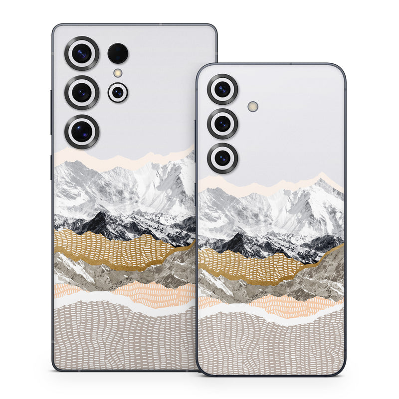Samsung Galaxy S25 Series Skin design of White, Mountainous landforms, Mountain, Mountain range, Glacial landform, Geological phenomenon, Sky, Ridge, Geology, Glacier, with white, yellow, brown, gray, black colors