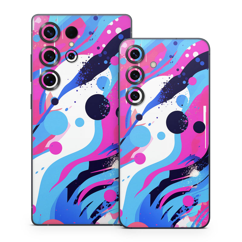 Samsung Galaxy S25 Series Skin design of Organism, Art, Line, Font, Magenta, Art paint, Paint, Pattern, Electric blue, Tints and shades, with pink, blue, white, black, orange colors