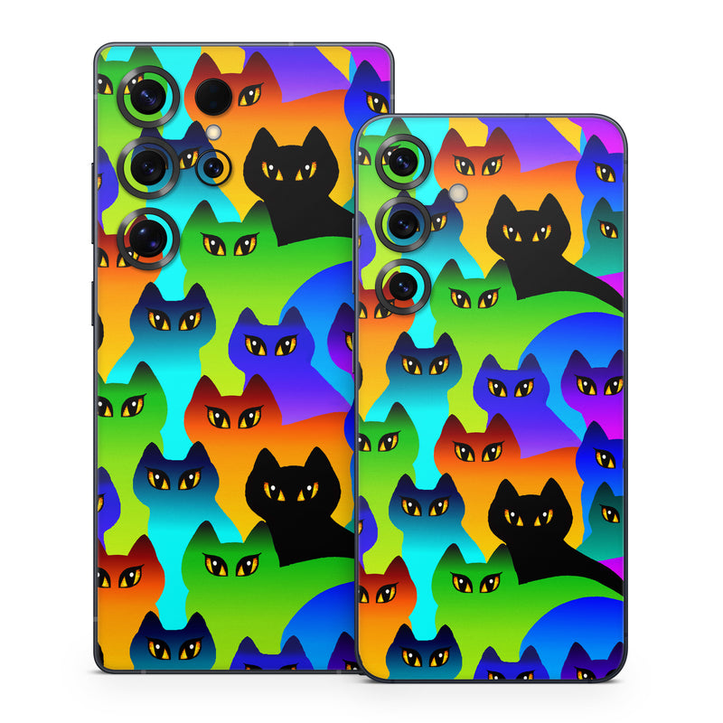 Samsung Galaxy S25 Series Skin design of Black cat, Purple, Cat, Small to medium-sized cats, Pattern, Design, Felidae, Illustration, Art, with black, blue, green, purple colors