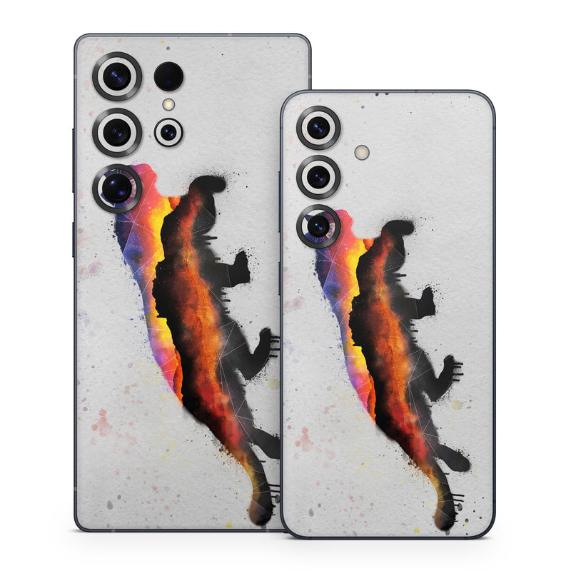 Samsung Galaxy S25 Series Skin design of Illustration, Watercolor paint, Art, Tail, Painting, Drawing, Acrylic paint, Geological phenomenon, Red fox, Paint, with gray, black, red, yellow, orange, white colors