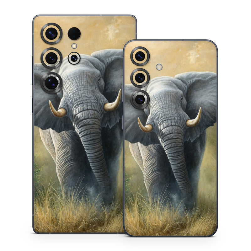 Samsung Galaxy S25 Series Skin design of Terrestrial animal, Elephants and Mammoths, Vertebrate, Wildlife, Mammal, African elephant, Indian elephant, Grassland, Working animal, Tusk, with gray, white, green, brown, yellow, orange colors