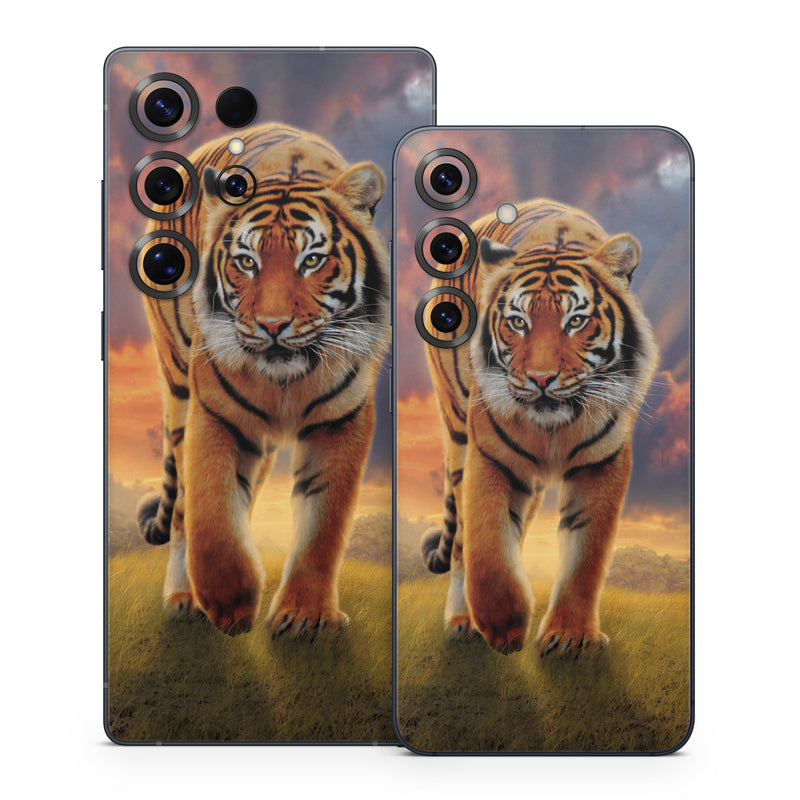 Samsung Galaxy S25 Series Skin design of Tiger, Wildlife, Bengal tiger, Mammal, Felidae, Siberian tiger, Sky, Big cats, Terrestrial animal, Carnivore, with black, white, yellow, red, green, blue colors