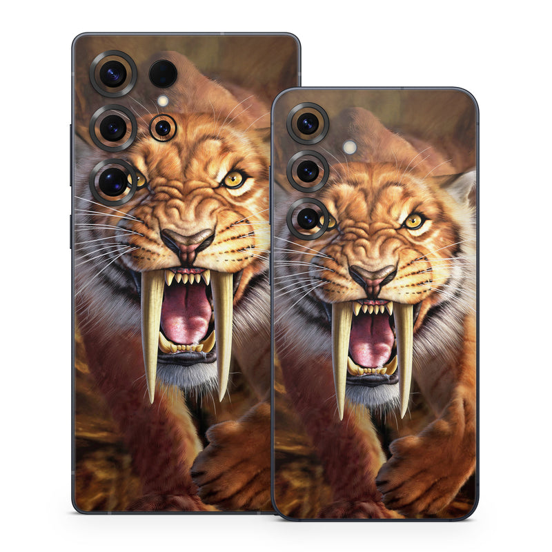 Samsung Galaxy S25 Series Skin design of Roar, Felidae, Facial expression, Wildlife, Whiskers, Bengal tiger, Carnivore, Snout, Big cats, Fang, with black, orange, yellow, white colors