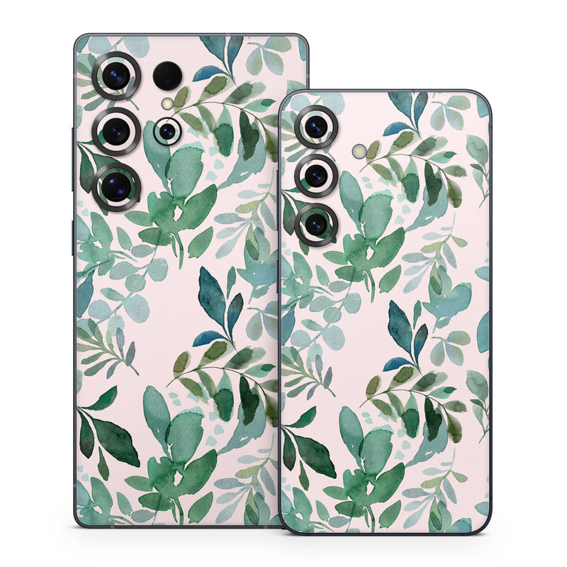 Samsung Galaxy S25 Series Skin design of Pattern, Green, Leaf, Design, Plant, Tree, Military camouflage, with white, green, blue colors