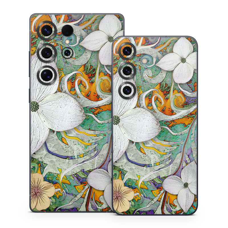 Samsung Galaxy S25 Series Skin design of Flower, Pattern, Plant, Wildflower, Floral design, Petal, Art, Painting, Visual arts, Wallpaper, with gray, black, green, blue, red colors