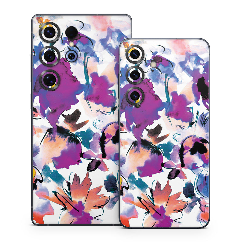 Samsung Galaxy S25 Series Skin design of Product, Purple, Illustration, Graphic design, Plant, Clip art, Flower, Graphics, Wildflower, Watercolor paint, with white, purple, pink, yellow, blue, black colors