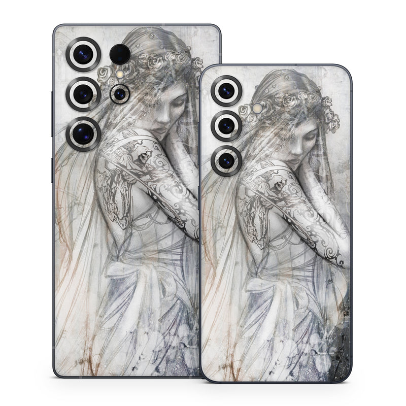 Samsung Galaxy S25 Series Skin design of Lady, Art, Illustration, Drawing, Painting, Sketch, Mythology, Figure drawing, Long hair, Visual arts, with white, gray, black colors