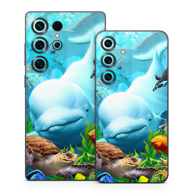 Samsung Galaxy S25 Series Skin design of Green, Blue, Azure, Natural environment, Underwater, Organism, Mammal, Art, Marine biology, Aqua, with blue, green, red, white, brown, yellow, orange, blue colors