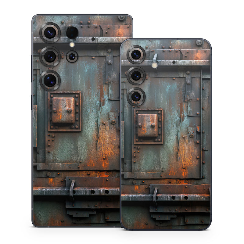 Samsung Galaxy S25 Series Skin design of Wood, Train, Wheel, Motor vehicle, Mode of transport, Rolling, Automotive lighting, Rolling stock, freight car, Gas, with black, brown, gray, white, orange colors