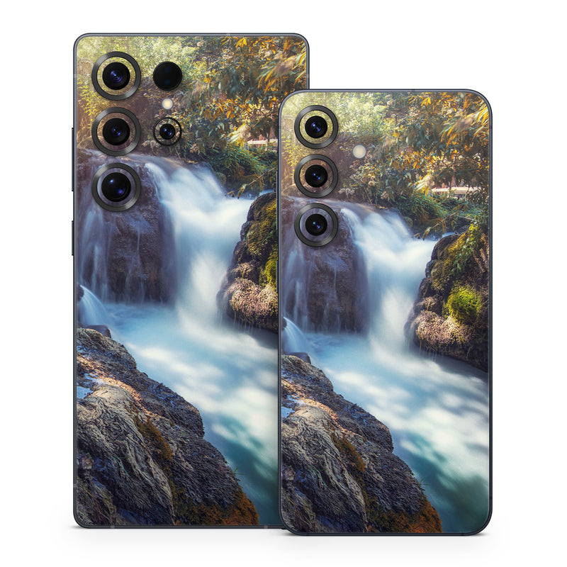 Samsung Galaxy S25 Series Skin design of Waterfall, Natural landscape, Body of water, Nature, Water resources, Water, Watercourse, Stream, Nature reserve, Rock, with gray, yellow, orange, green, white, blue colors