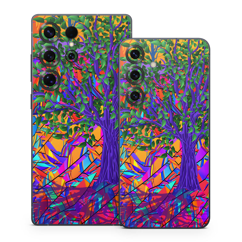 Samsung Galaxy S25 Series Skin design of Psychedelic art, Pattern, Visual arts, Art, Plant, Acrylic paint, Modern art, with green, purple, orange, blue, purple, yellow, red colors