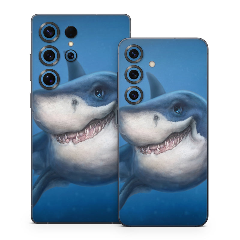 Samsung Galaxy S25 Series Skin design of Fish, Great white shark, Shark, Tiger shark, Cartilaginous fish, Requiem shark, Lamniformes, Bull shark, Carcharhiniformes, with black, blue, gray colors