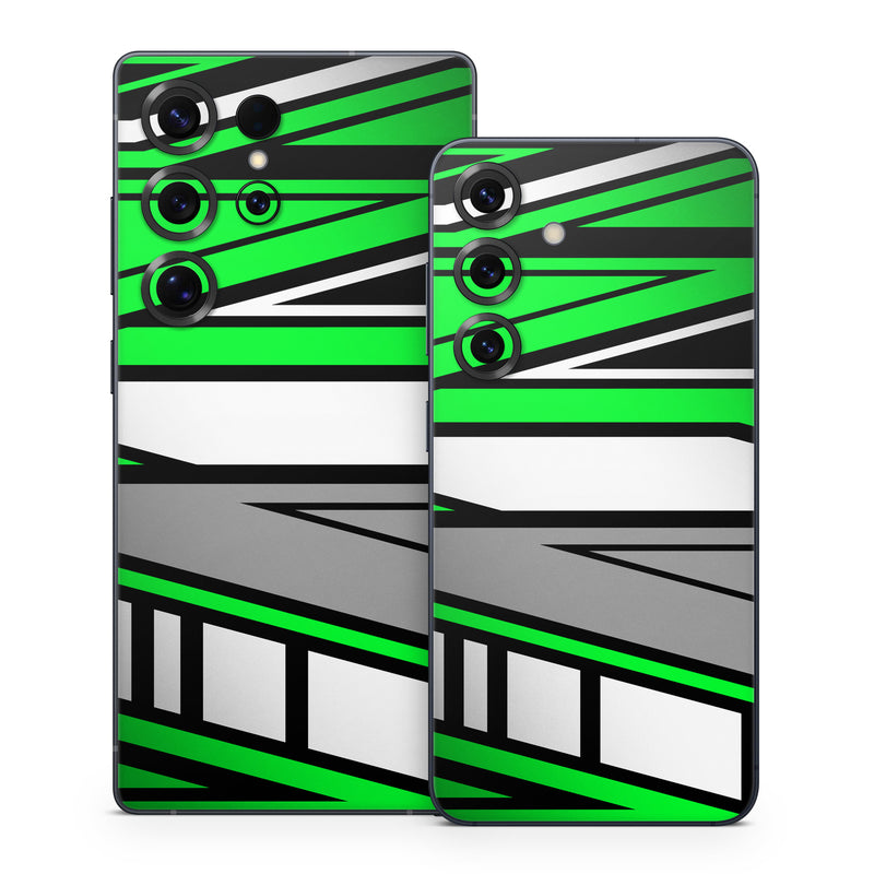 Samsung Galaxy S25 Series Skin design of Colorfulness, Green, Rectangle, Slope, Font, Line, Material property, Parallel, Tints and shades, Graphics, with black, green, white, gray colors