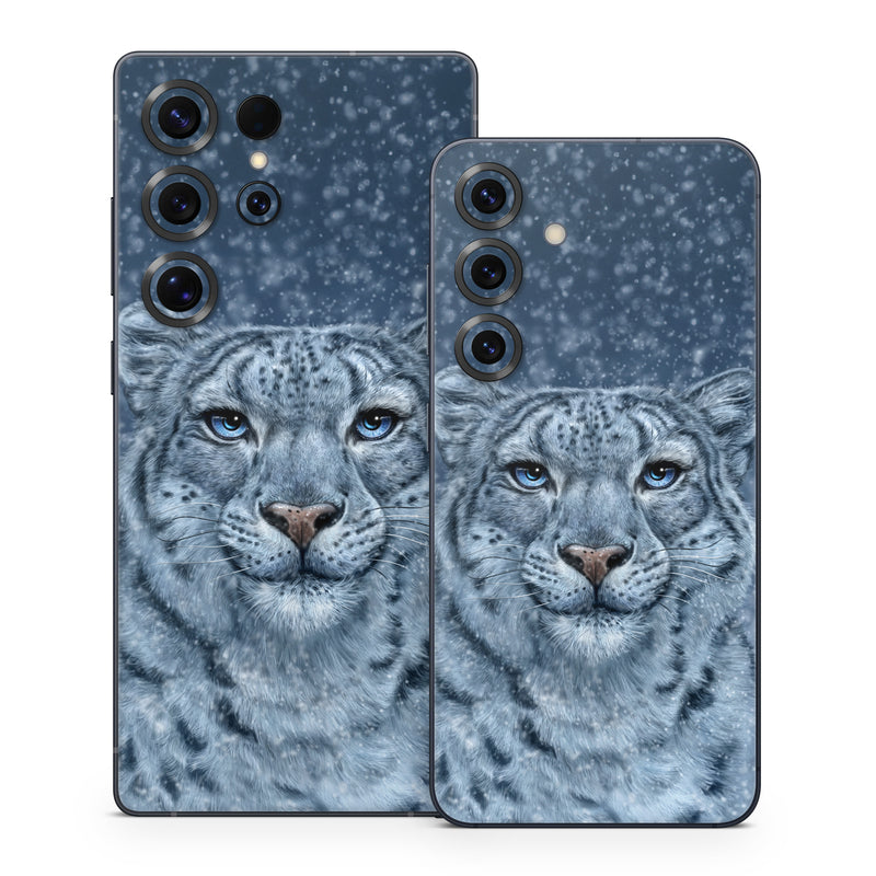 Samsung Galaxy S25 Series Skin design of Snow, Carnivore, Felidae, Whiskers, Terrestrial animal, Snout, Big cats, Painting, Fur, Illustration, with white, black, blue, gray colors