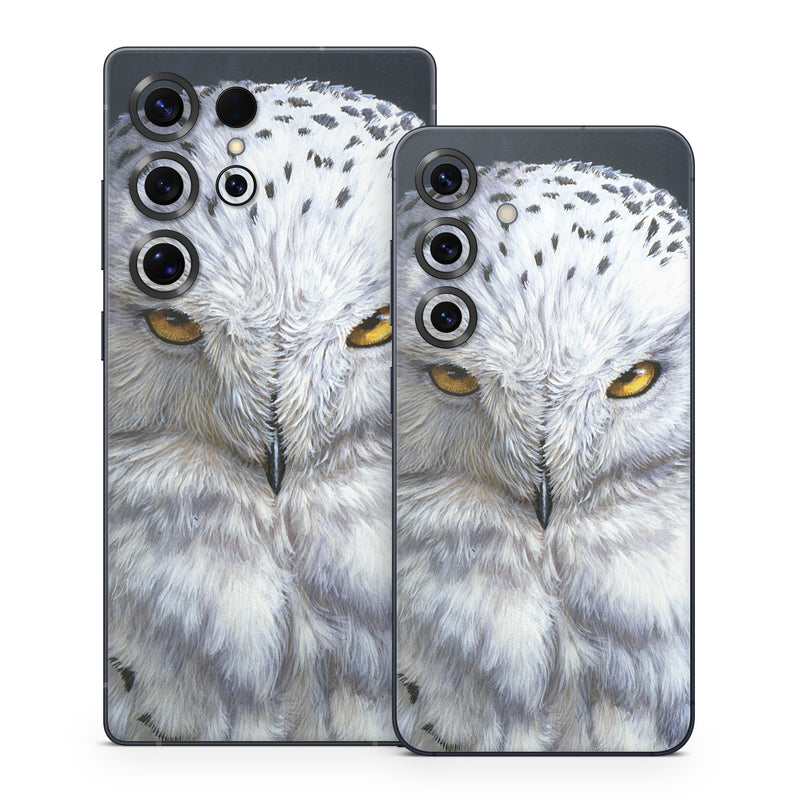 Samsung Galaxy S25 Series Skin design of Owl, Bird, Bird of prey, Snowy owl, great grey owl, Close-up, Eye, Snout, Wildlife, Eastern Screech owl, with gray, white, black, blue, purple colors