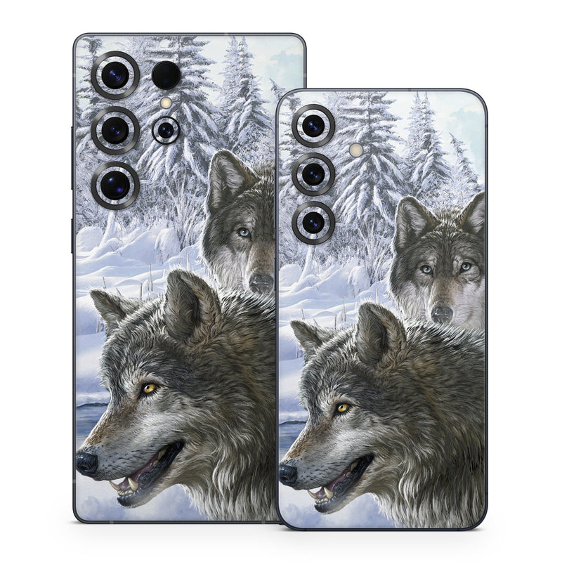 Samsung Galaxy S25 Series Skin design of Mammal, Vertebrate, Wolf, Canidae, canis lupus tundrarum, Canis, Wildlife, Carnivore, Wolfdog, Dog, with gray, black, blue, purple colors