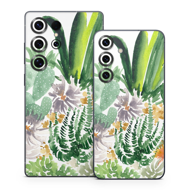 Samsung Galaxy S25 Series Skin design of Cactus, Plant, Flower, Botany, Leaf, Illustration, Pine, Grass, Succulent plant, Branch, with white, green, red, orange colors