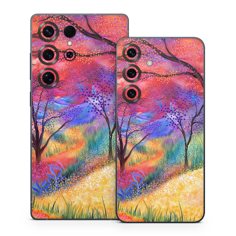 Samsung Galaxy S25 Series Skin design of Plant, Art paint, Paint, Botany, Natural environment, Natural landscape, Leaf, Branch, People in nature, Tree, with red, blue, yellow, green, purple, orange, black, white colors