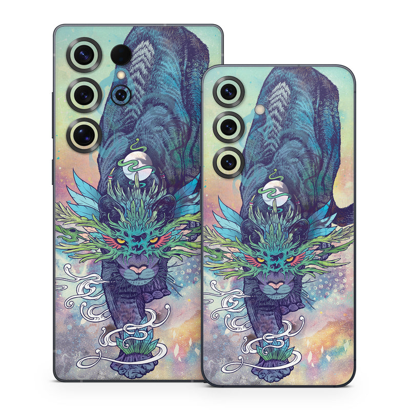 Samsung Galaxy S25 Series Skin design of Illustration, Fictional character, Graphic design, Demon, Art, Fiction, Cg artwork, Supernatural creature, with blue, green, black, white, yellow, orange, pink, purple colors