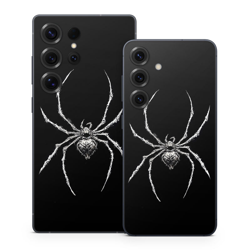 Samsung Galaxy S25 Series Skin design of Arthropod, Spider, Insect, Spider web, Terrestrial animal, Arachnid, Invertebrate, Tangle-web spider, Symmetry, Terrestrial plant, with black, white, gray colors