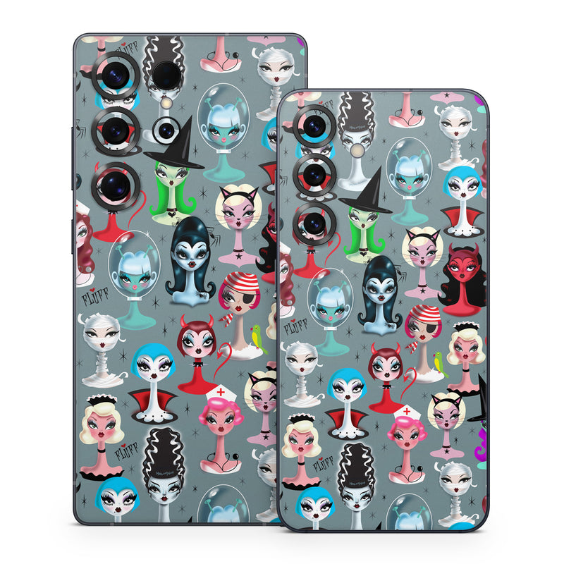 Samsung Galaxy S25 Series Skin design of Facial expression, Head, Design, Collection, Fictional character, Pattern, Skull, Illustration, Collage, Style, with gray, white, red, blue, green, black, pink, purple colors