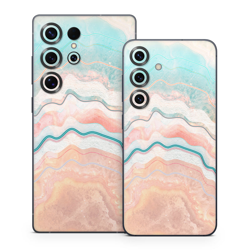 Samsung Galaxy S25 Series Skin design of Aqua, Line, Pattern, Watercolor paint, Design, Illustration, Art, with blue, pink, white, orange, yellow colors