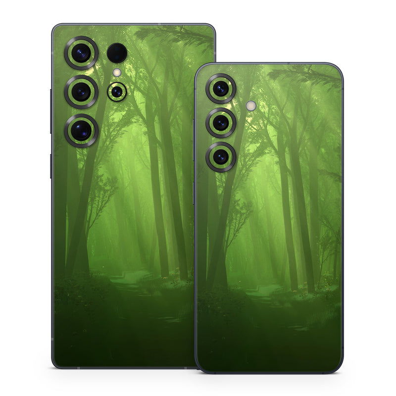 Samsung Galaxy S25 Series Skin design of Nature, Green, Forest, Old-growth forest, Woodland, Natural environment, Vegetation, Tree, Natural landscape, Atmospheric phenomenon, with black, green colors