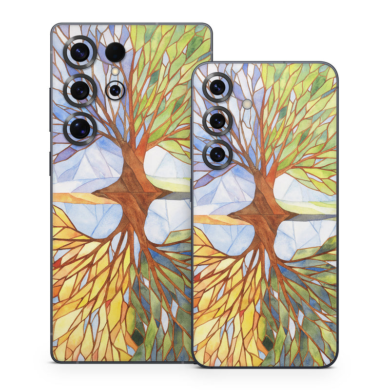 Samsung Galaxy S25 Series Skin design of Leaf, Tree, Botany, Plant, Symmetry, Art, Pattern, Painting, Plant stem, Plane, with blue, brown, orange, yellow, red, purple colors