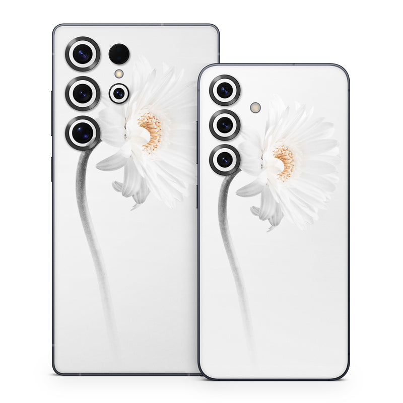Samsung Galaxy S25 Series Skin design of White, Hair accessory, Headpiece, Gerbera, Petal, Flower, Plant, Still life photography, Headband, Fashion accessory, with white, gray colors