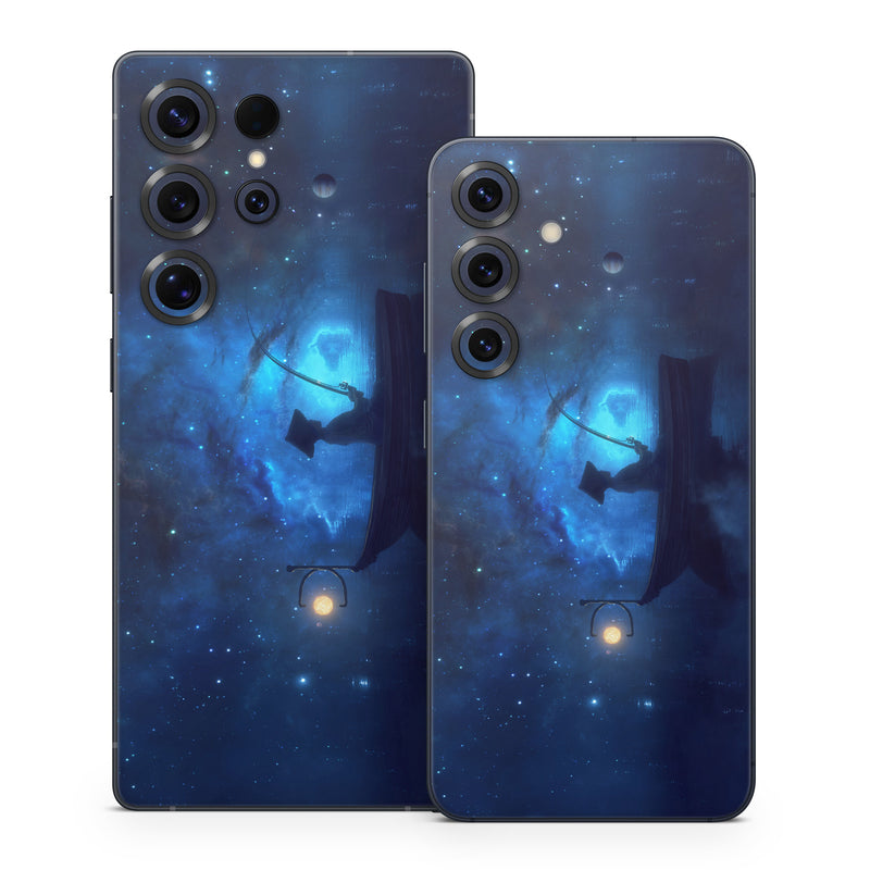Samsung Galaxy S25 Series Skin design of Sky, Night, Atmosphere, Light, Atmospheric phenomenon, Darkness, Screenshot, Space, Midnight, Moonlight, with white, blue, black, green, orange colors
