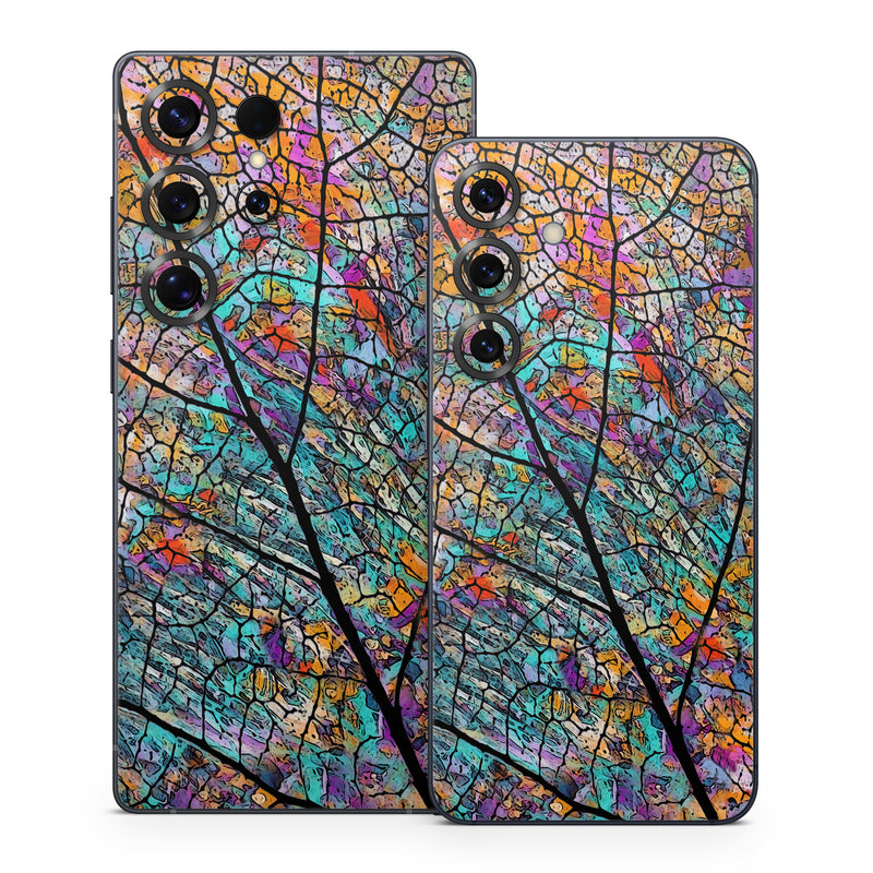 Samsung Galaxy S25 Series Skin design of Pattern, Colorfulness, Line, Branch, Tree, Leaf, Design, Visual arts, Glass, Plant, with black, gray, red, blue, green colors